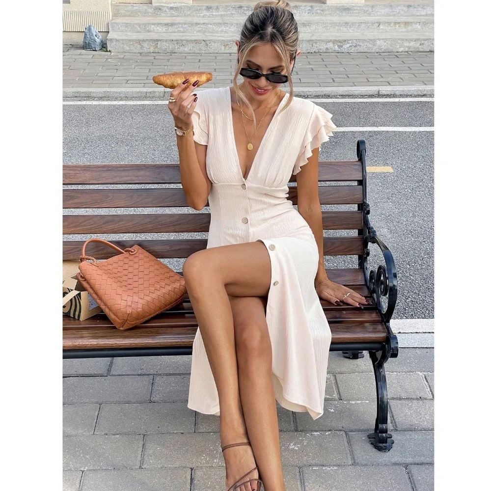 Beige Midi Dress V-Neck Ruffle Sleeve Button Through - Picture 3 of 9